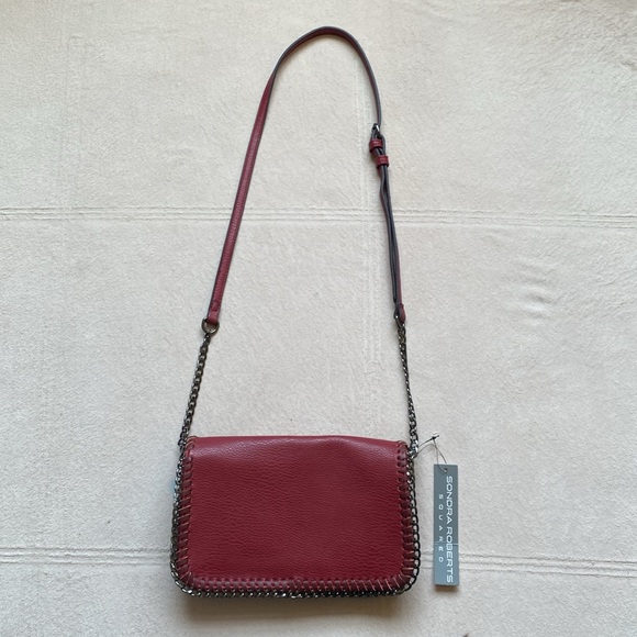 SONDRA ROBERTS SQUARED Flap Purse, Rusty Red, Adjustable Strap Inside Zip Pocket - Picture 3 of 13